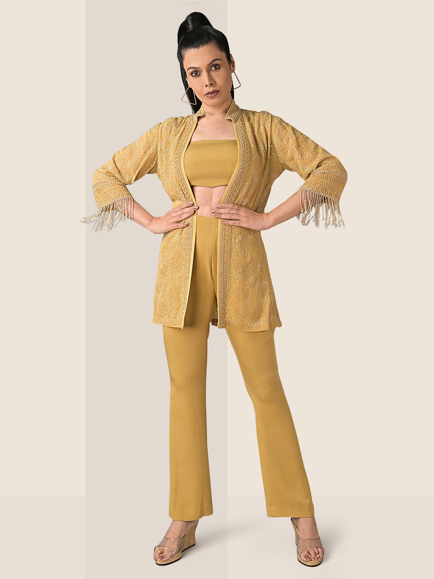 Fringed sleeve open jacket