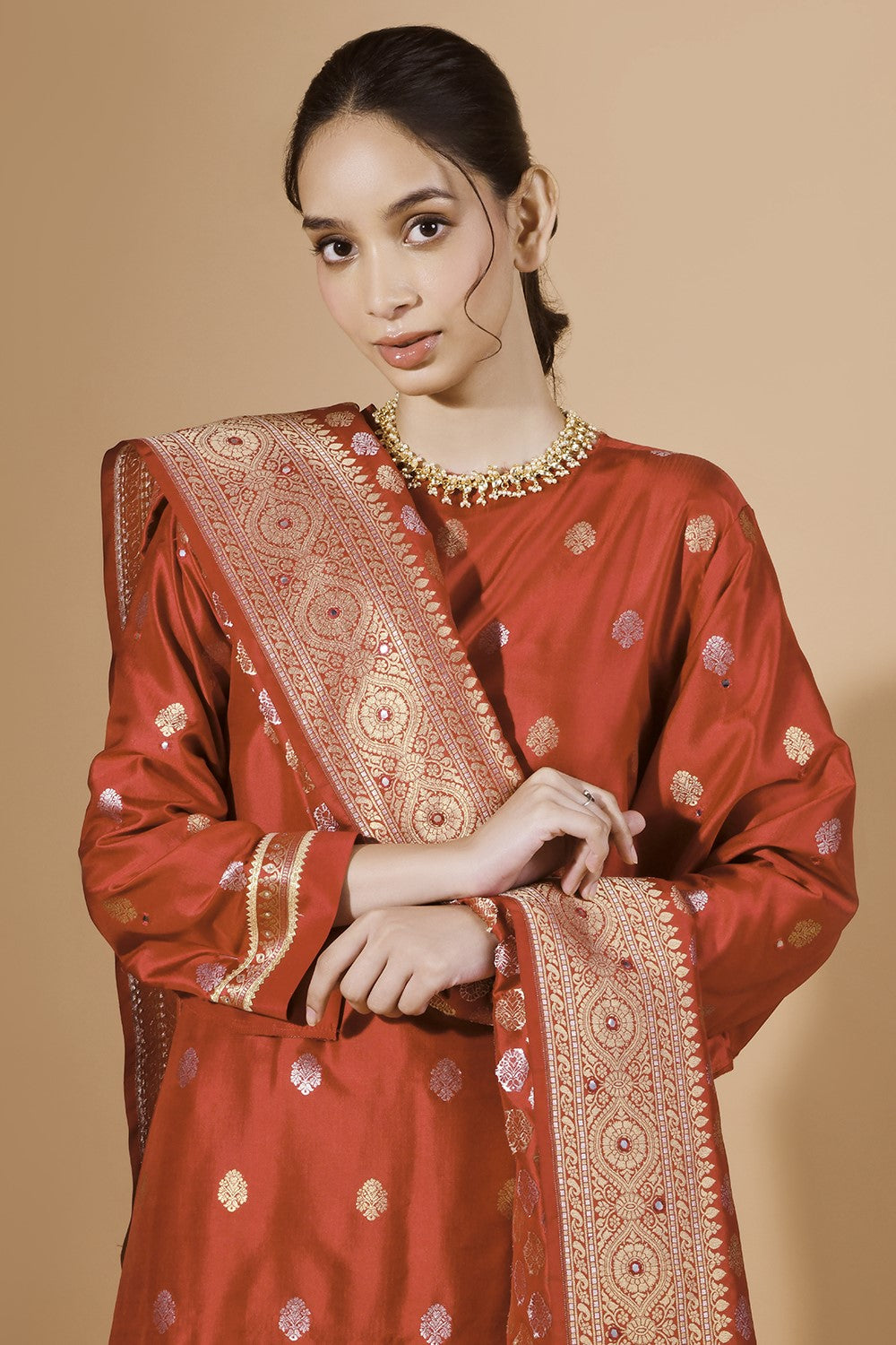 Red Banarasi Pure Katan Silk Kurta