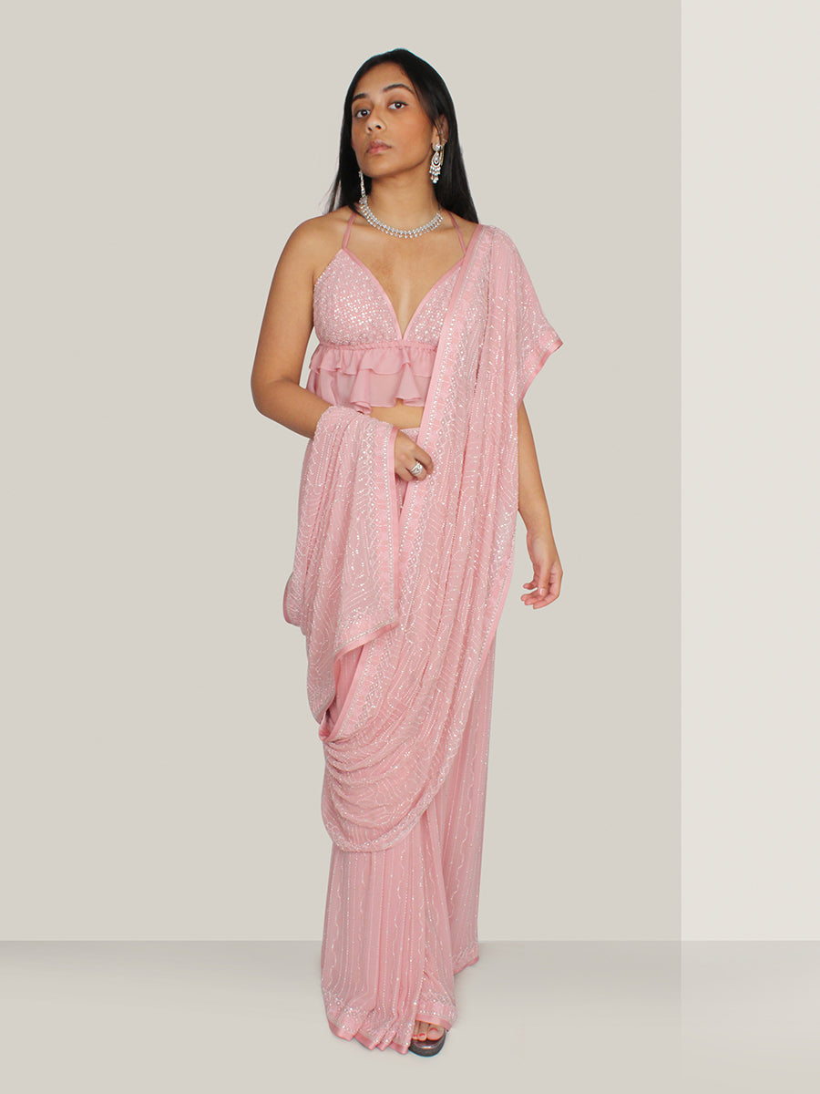 Pink 2 Piece Beaded Stitched Saree