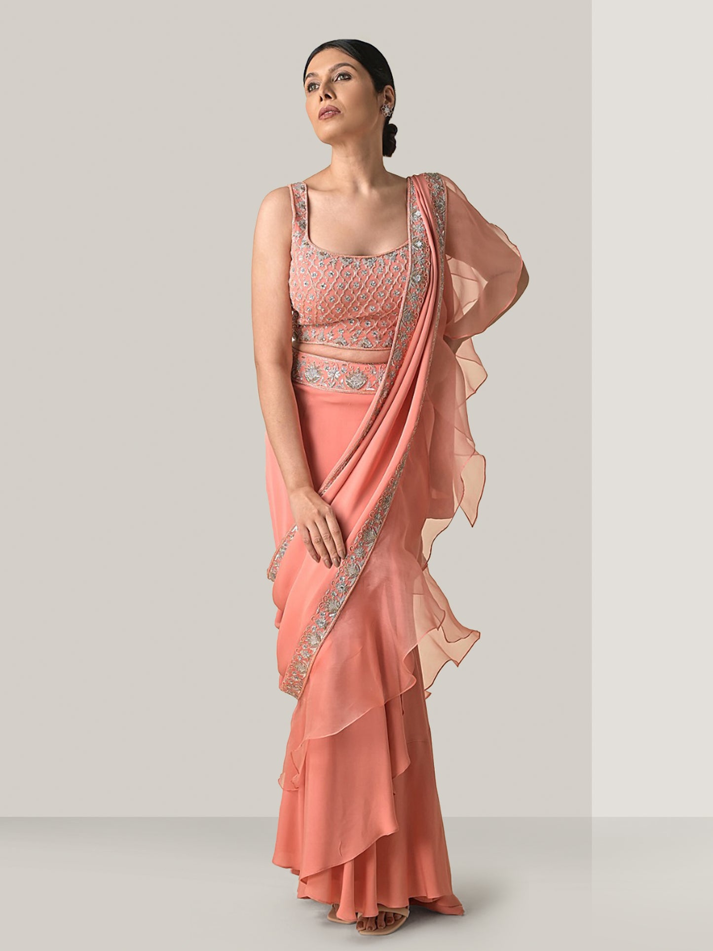 Tomato Peach Stitched Saree