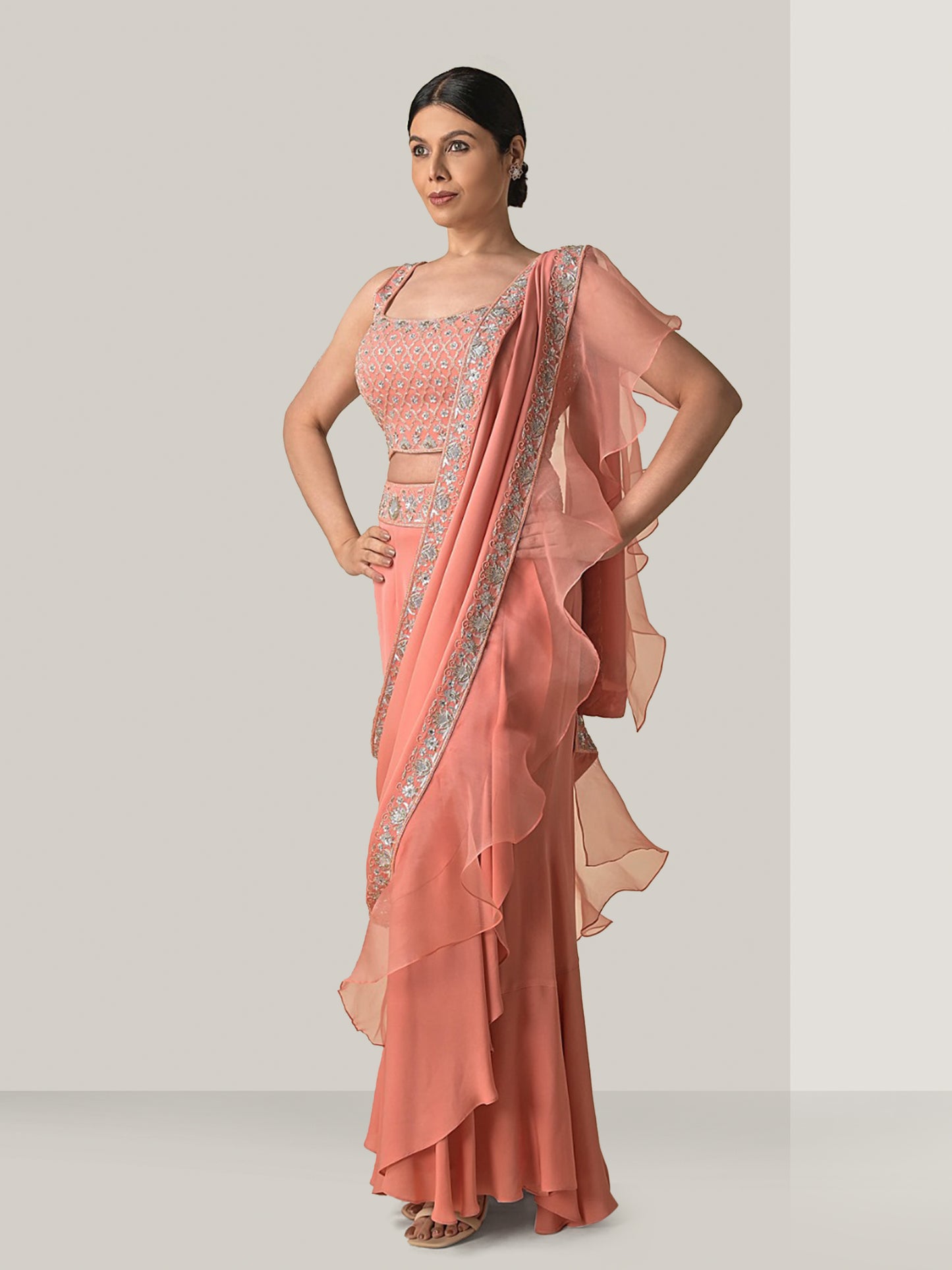 Tomato Peach Stitched Saree