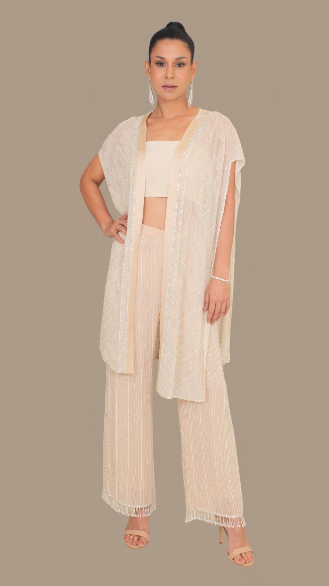 Ivory Beaded Cape and Trouser Set