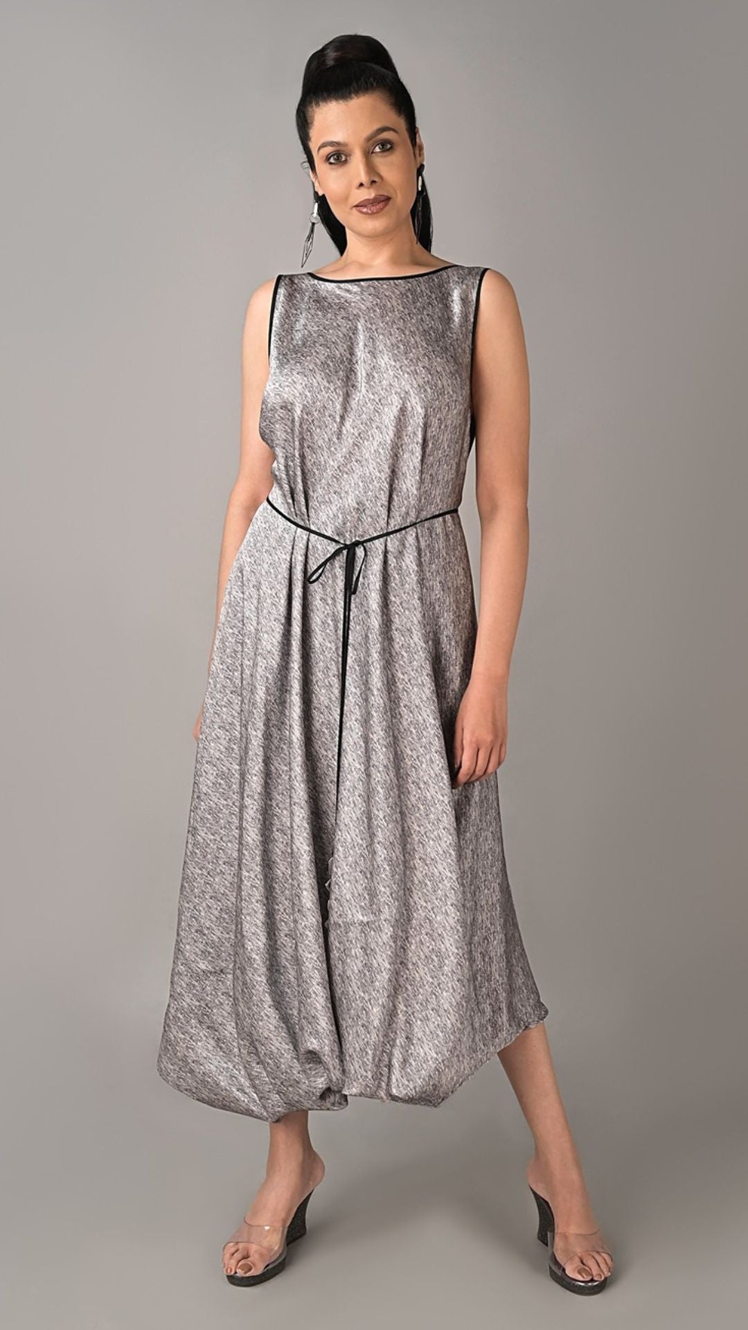 Smoke Grey Jacquard Silk Tie-Up Dress