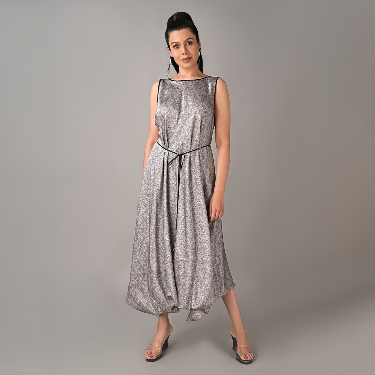 Smoke grey jacquard silk tie up dress