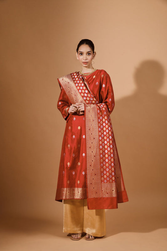 Red Banarasi Pure Katan Silk Kurta