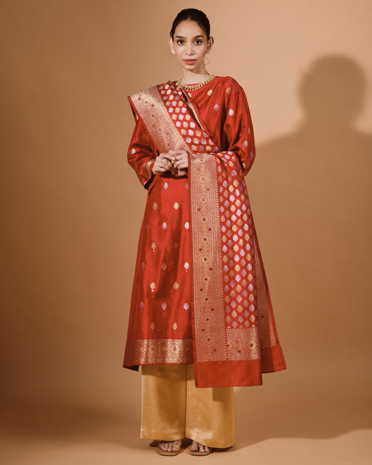Red Banarasi Pure Katan Silk Kurta