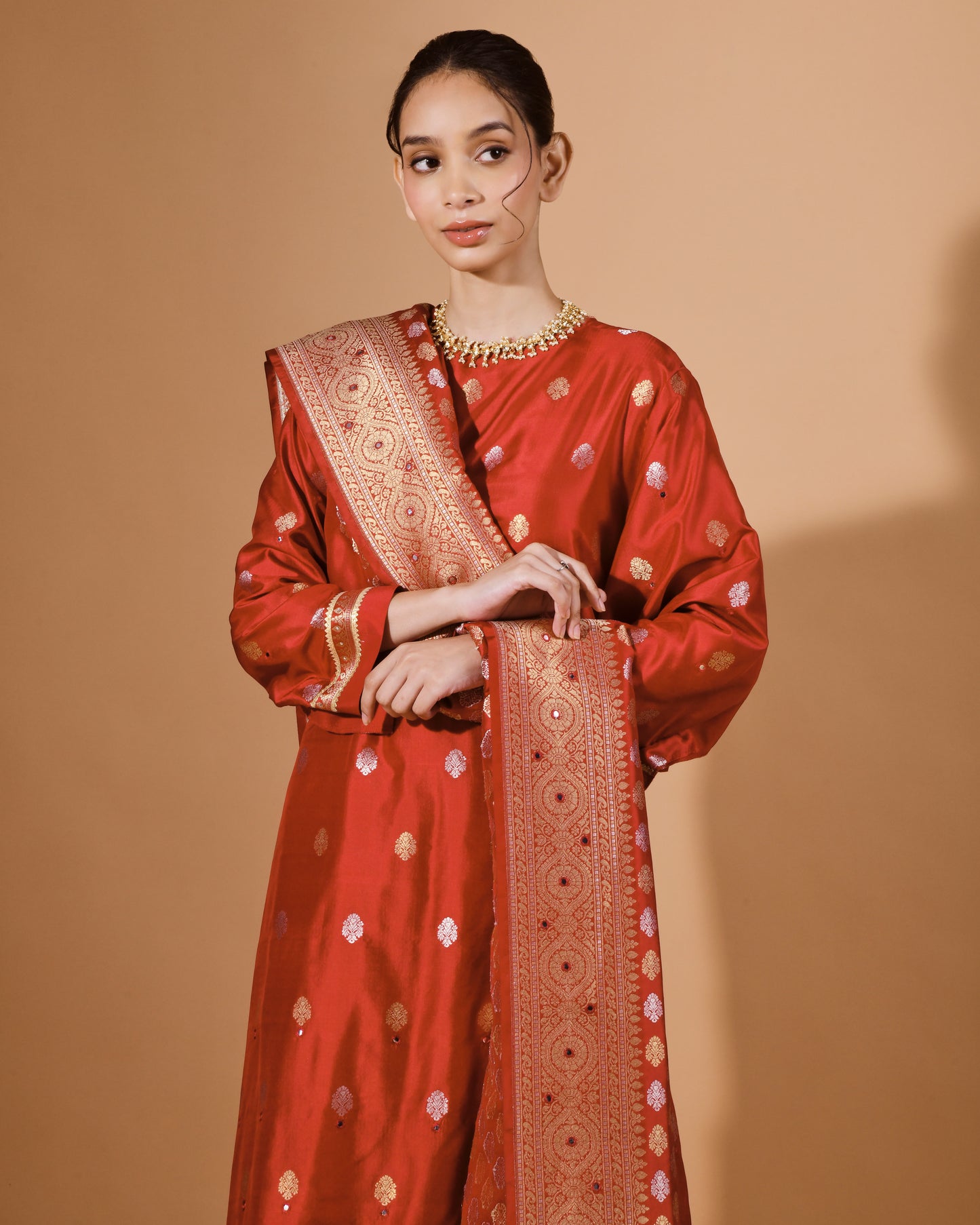 Red Banarasi Pure Katan Silk Kurta