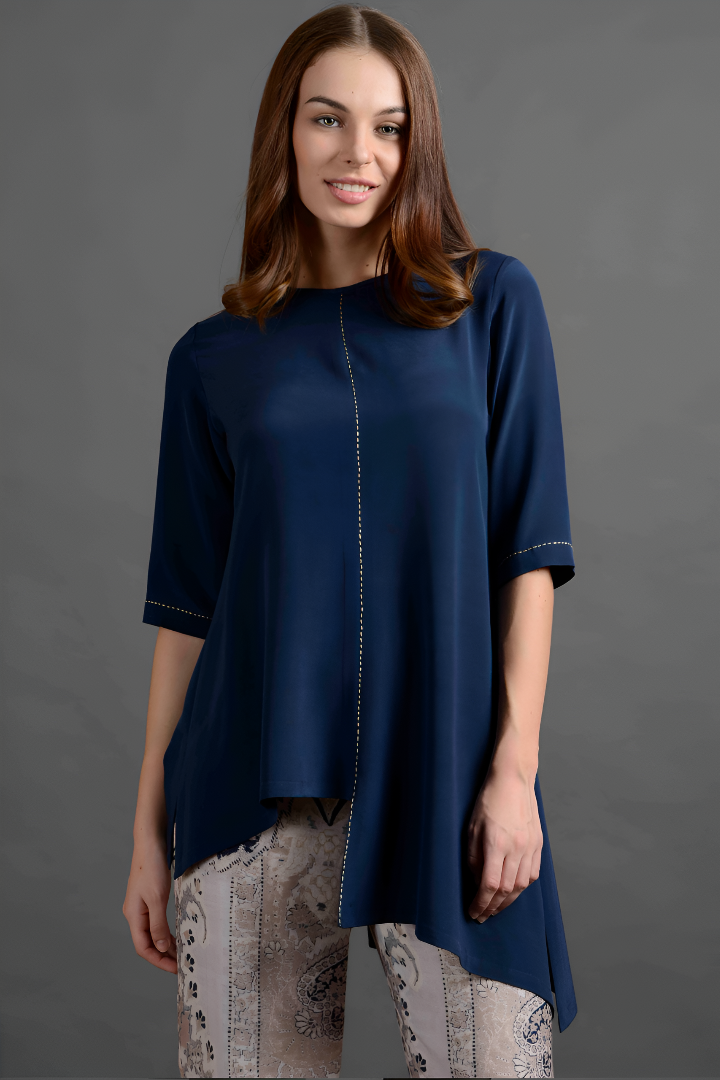 Asymmetrical Navy Pure Silk Jersey Top