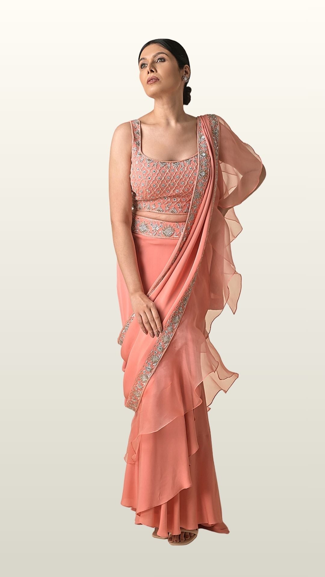Tomato Peach Stitched Saree