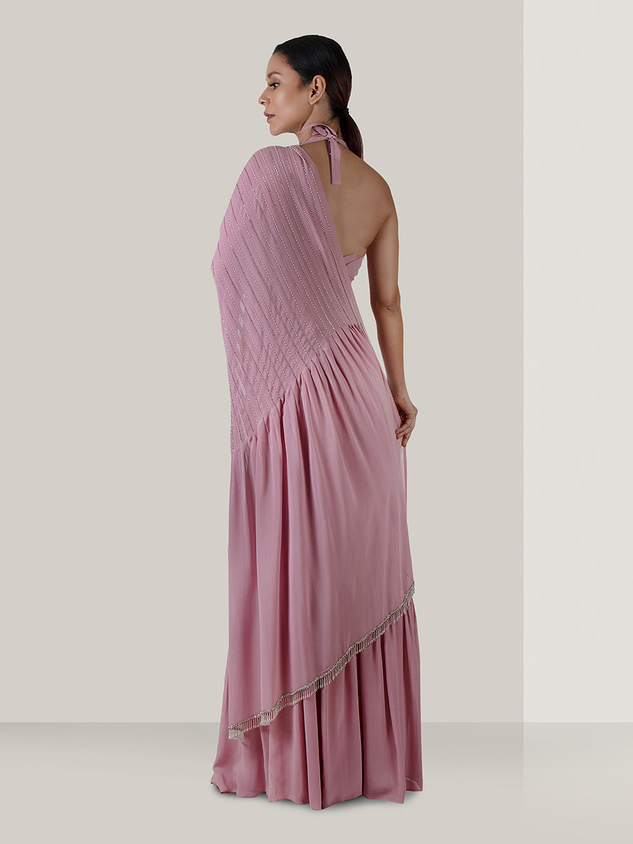 Green Pure Silk Georgette U Neck Top And Pleated Skirt Set