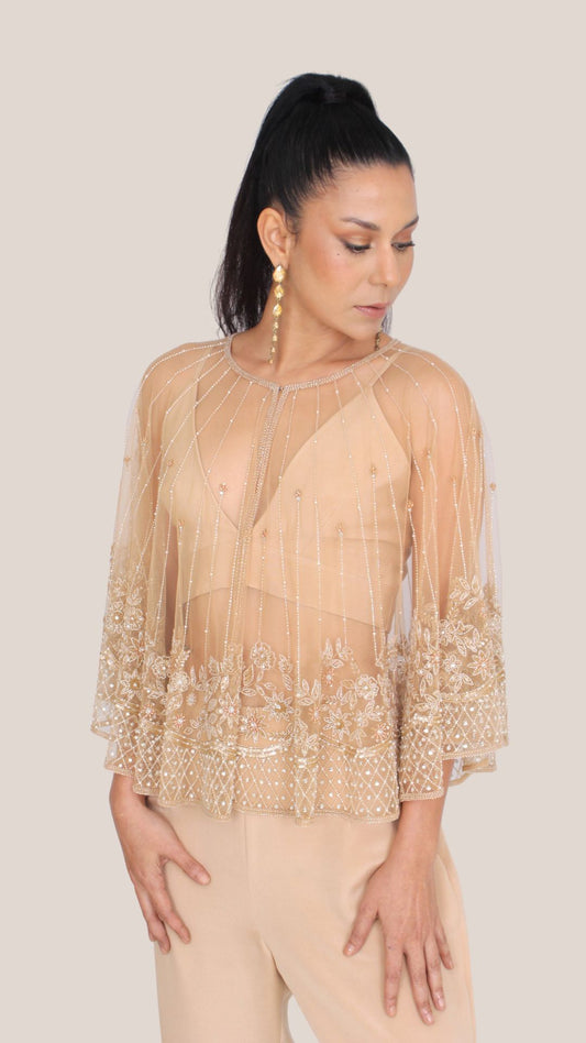 Short Net Cape With Delicate Hand Embroidery