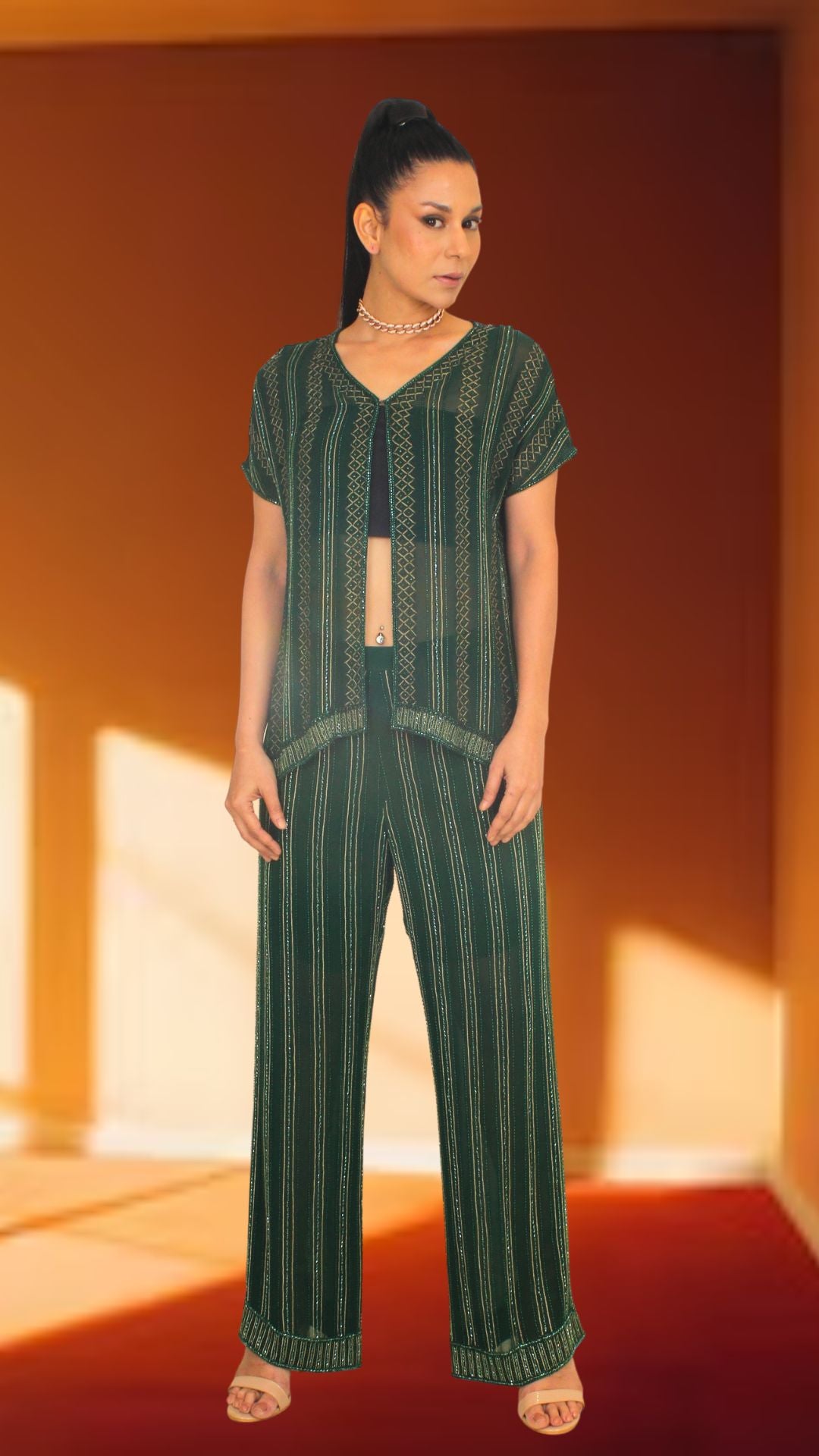 Green Co-ord Set With Golden Accents